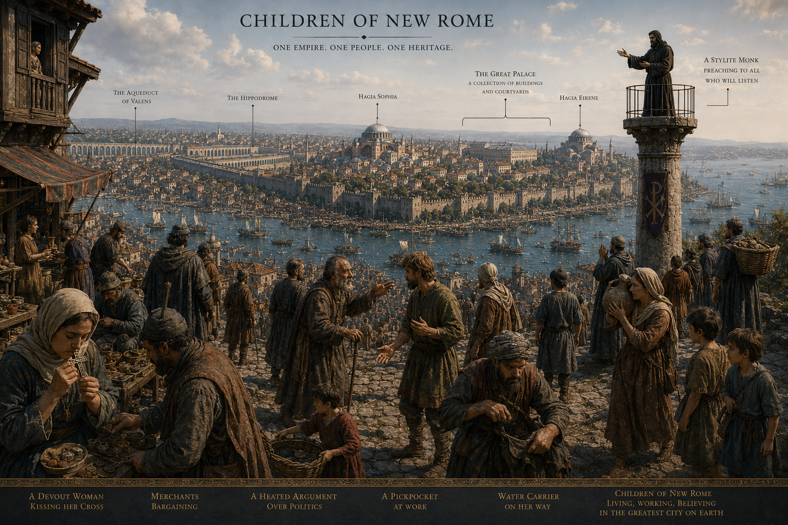 An annotated panorama of Constantinople: the Aqueduct of Valens, the Hippodrome, Hagia Sophia, the Great Palace, Hagia Eirene, and a stylite monk preaching above the city, with merchants, devout women, water-carriers and children in the foreground.